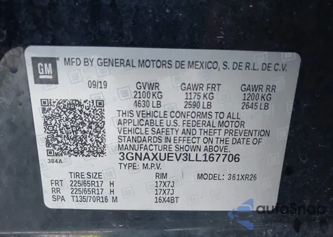 2020 Chevrolet Equinox Awd Lt 1.5L Turbo z USA, uszkodzony, nr VIN 3GNAXUEV3LL167706